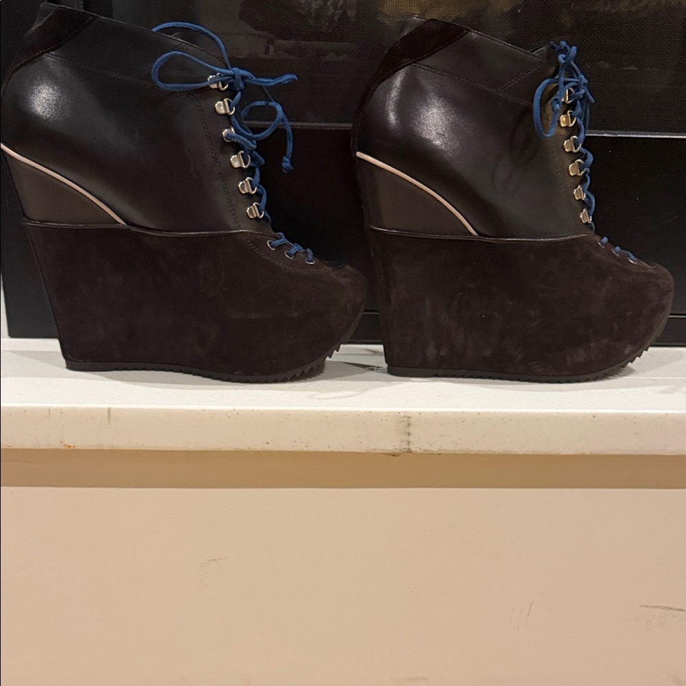 Yves Saint Laurent Black and Blue Wedge Boots